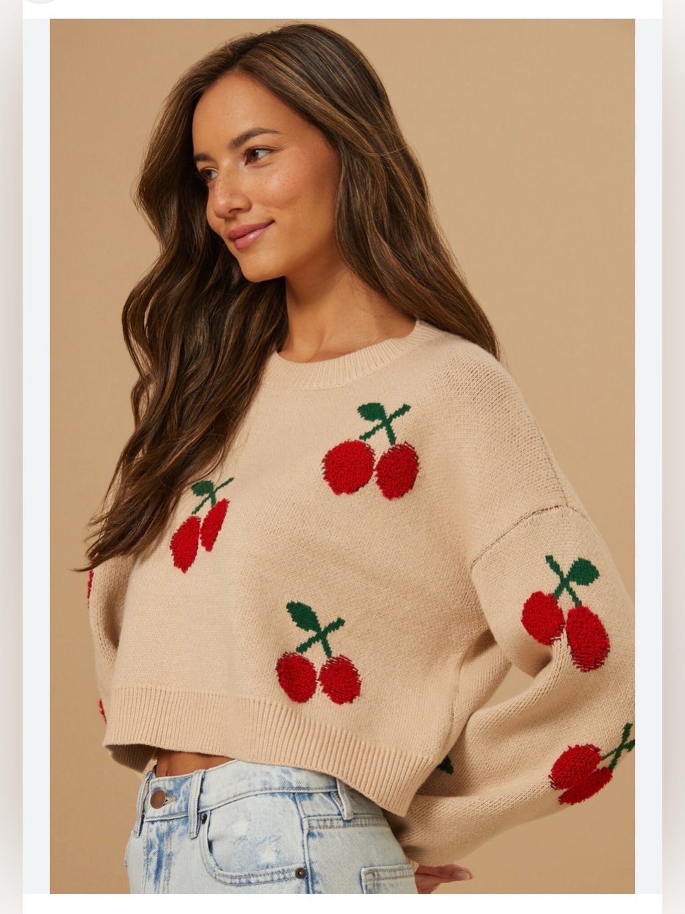 NWT Altar'd State Cherry-Print Cropped Cream Crewneck Sweater SzXXS